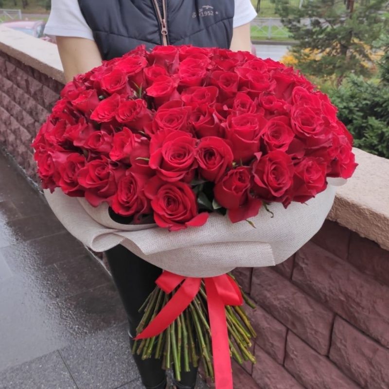 101 элитная красная роза 50 см в оформлении